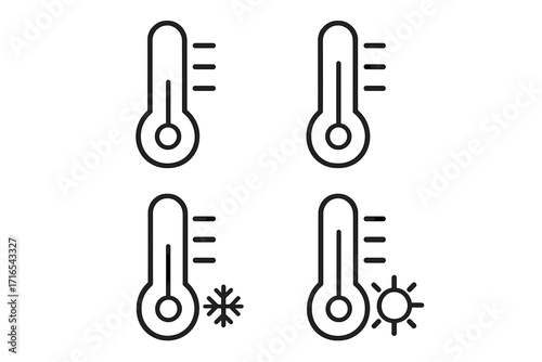Thermometer icon set with editable stroke, thin line style for web, apps, books, and cards, vector illustration collection with cold and hot temperature symbols, transparent background
