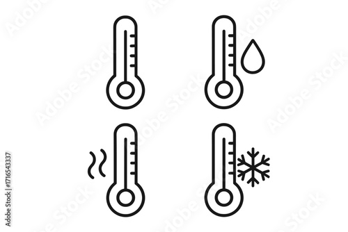 Thermometer thin icon set with editable stroke for weather, temperature, and climate concepts, suitable for web, apps, books, and cards, vector cartoon illustration, transparent background