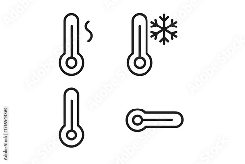 Simple isolated thermometer line icons collection with editable stroke for web, apps, books, cards, vector cartoon illustration showing heat, cold, and temperature measurement concepts
