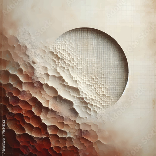 A large circular form reveals a detailed honeycomb and hexagonal pattern with beige and brown hues. The textured surface evokes modern design and abstract art