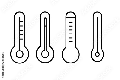 Thermometer icons set with thin editable strokes, vector cartoon illustration, medical and weather temperature symbols for apps, websites, books, cards, transparent background