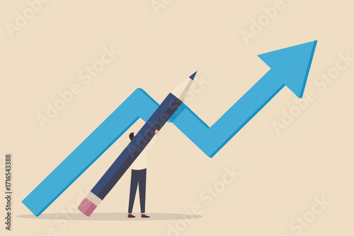 Person drawing a blue upward trending arrow graph with a large pencil symbolizing growth and success