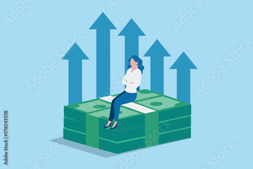Woman sitting on stack of money with upward trending arrows symbolizing financial growth and success