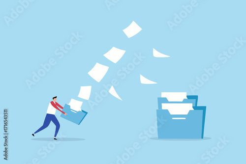 Man organizing documents and filing papers into a blue filing cabinet with scattered papers floating