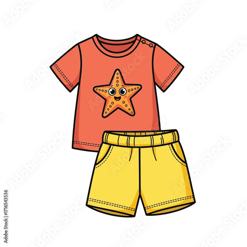 Charming summer outfit for a child, featuring a bright orange t-shirt with a happy starfish print and yellow shorts. Isolated vector illustration