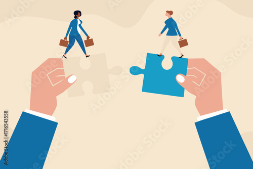 Two business people walking across puzzle pieces held by hands symbolizing teamwork and connection