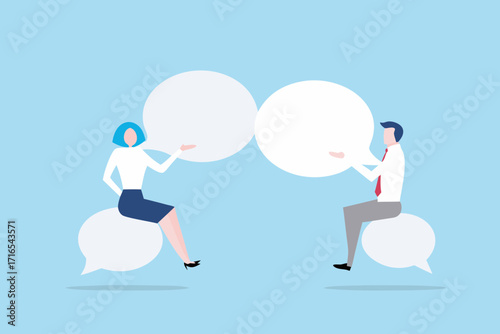 Two business people sitting on speech bubbles communicating with each other in a flat design style