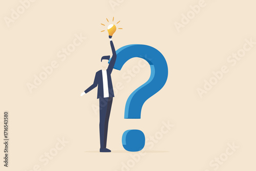 Man holding a glowing light bulb above a giant question mark symbolizing finding solutions and ideas