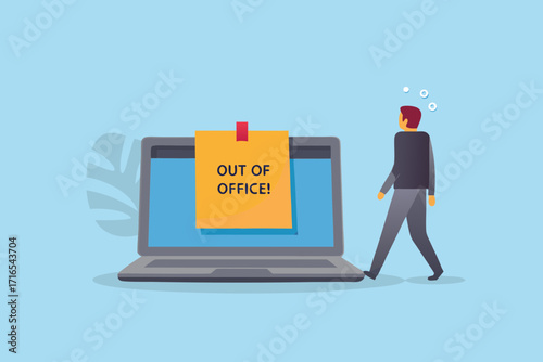 Man walking away from laptop with out of office message on screen and tropical leaf silhouette