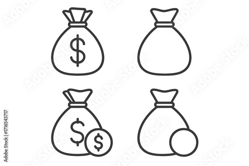 Money bag line icon set. Cash sack with dollar sign. Finance and banking concepts. Vector outline icons for profit, savings, wealth, income, currency, payment, investment.