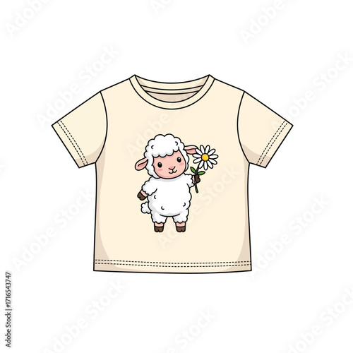 Cute cartoon sheep with a daisy on a t-shirt illustration for children