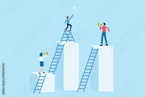People climbing ladders to reach different heights and achieve success and goals