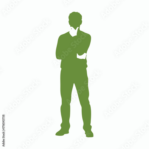 Silhouette of a standing person with hand on chin in a thoughtful pose against a plain white background
