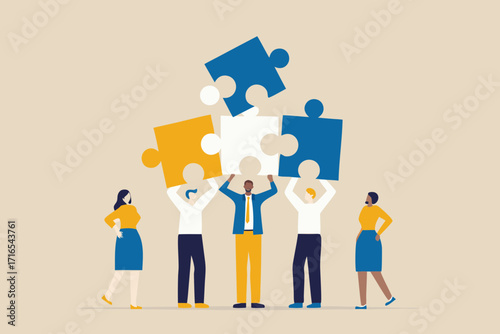 Diverse team of professionals collaborating to assemble a large puzzle symbolizing teamwork and success