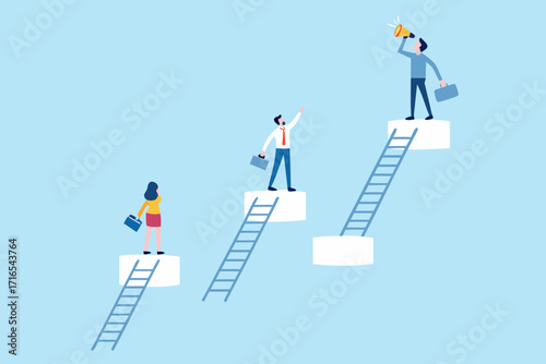 Business people climbing ladders to reach higher platforms representing career growth and future success