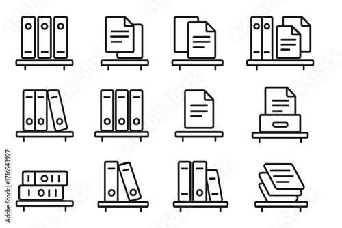 Archive & document management line icon set. Office files, ring binders, and paperwork on shelves. Data storage & file organization vector symbols. Editable stroke concept.