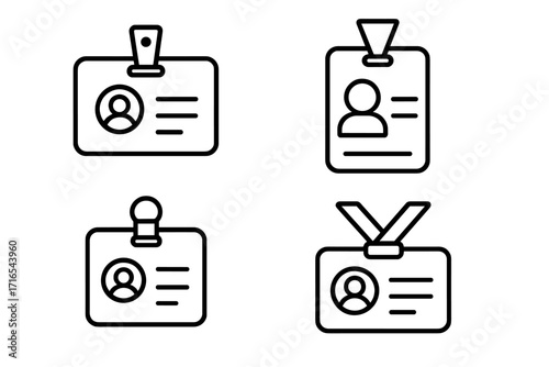 Employee ID badge outline icon set. Staff identification card collection. Vector line art for security access pass, press pass, and corporate identity concepts. Simple minimal graphic.