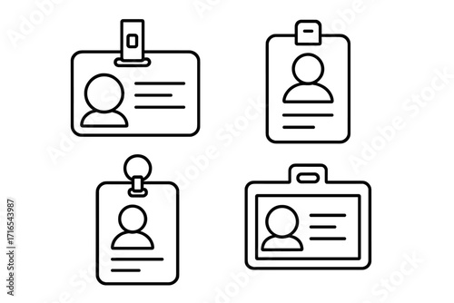 ID card icon set. Employee badge outline collection. Staff identification, security pass, and name tag vector symbols. Personal identity access card with editable stroke.