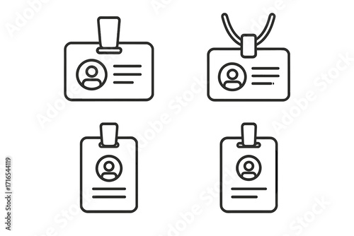 Employee ID badge line icon set. Staff identification card with lanyard and clip vector collection. Corporate access pass and security name tag symbols. Editable stroke.