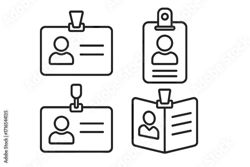 Employee ID badge line icon set. Staff identification card, access pass, and name tag vector collection. Corporate security, identity verification and office entry symbols.