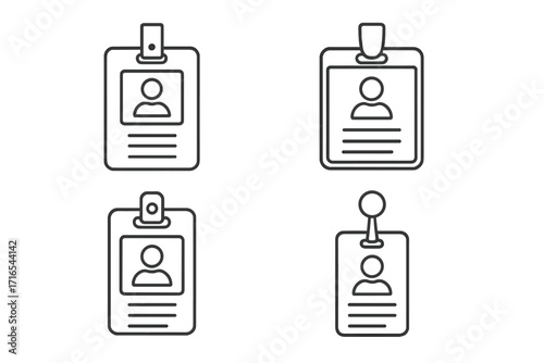 Employee ID badge line icon collection. Editable stroke. Identification card, access pass, name tag vector set. Corporate security, staff identity, personal data symbols.