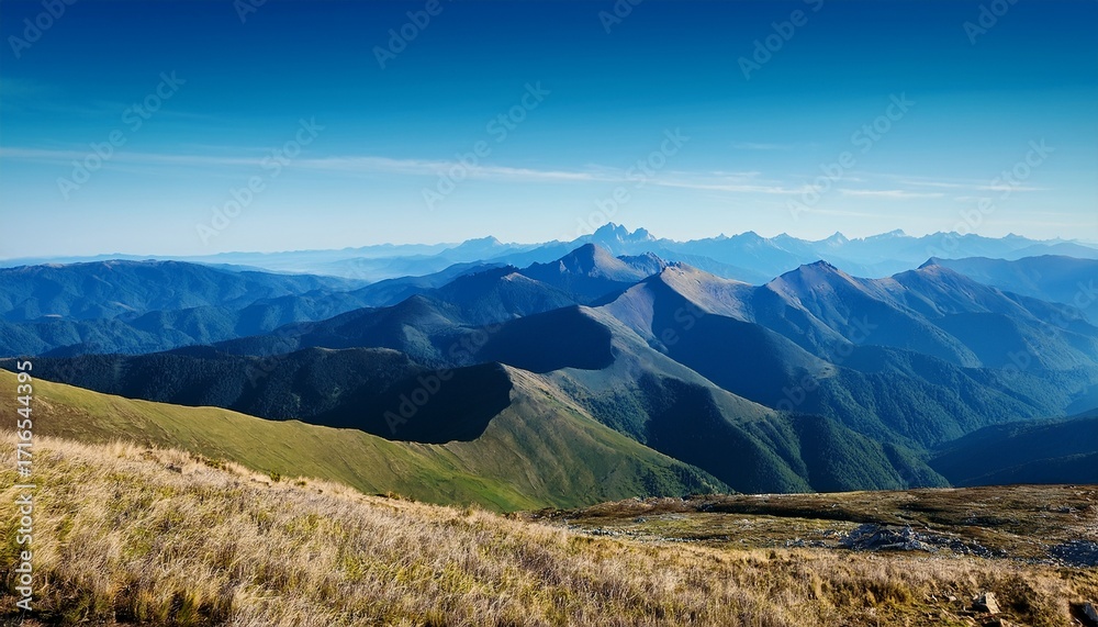 Fototapeta premium Mountains Panorama Landscape With Blue Mountain And Hills