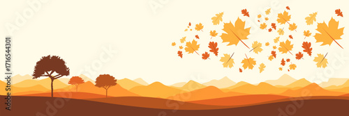 Serene nature background illustration of a windy autumn day with falling leaves and warm color palette suitable for web design or greeting cards