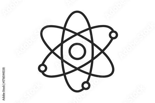 Science and technology icon with atom symbol. Physics, chemistry, and nuclear energy concept. Atomic structure with nucleus and electrons. Minimalist vector line illustration.