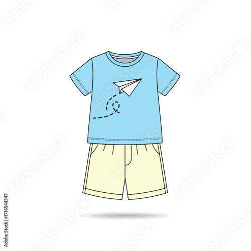 Playful children's summer outfit illustration light blue t-shirt with charming paper airplane design, paired with simple cream shorts, ready for warm weather fun