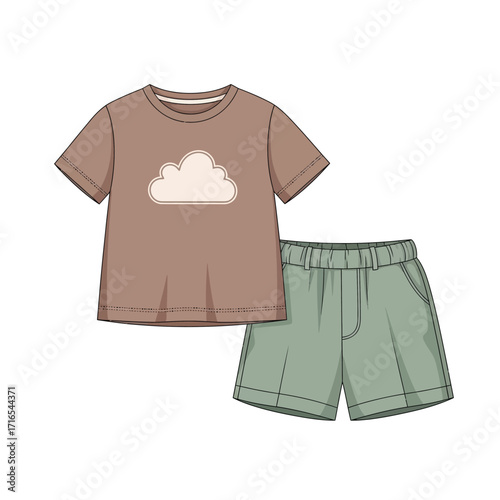 Illustration of a brown t-shirt with a cloud design and green shorts, presented on a white background.