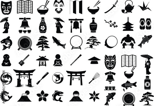 Collection of Traditional Japanese Icon Silhouette Set Cultural Japanese Symbols Vector Silhouette Collection