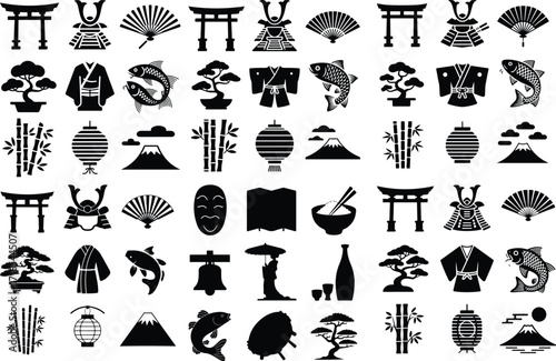 Collection of Traditional Japanese Icon Silhouette Set Cultural Japanese Symbols Vector Silhouette Collection