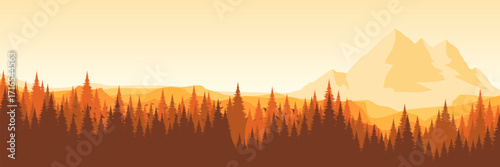 Minimalist vector art of a wilderness scene with a sharp mountain ridge pine trees and flying birds for a travel or nature design