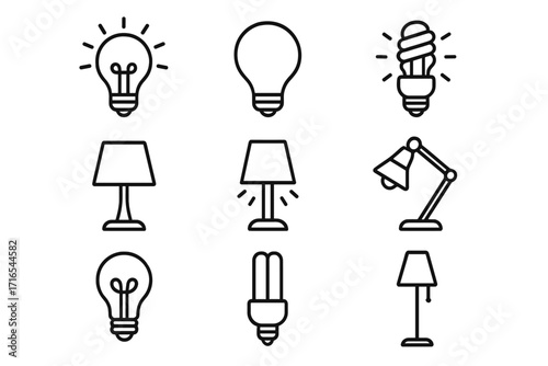 Lamp and light bulb line icon collection. Set of electricity and lighting symbols. Includes table lamp, desk lamp, and various lightbulbs. Concept for idea, energy, and illumination. Vector.