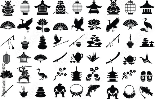 Collection of Traditional Japanese Icon Silhouette Set Cultural Japanese Symbols Vector Silhouette Collection