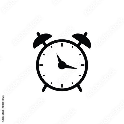 A simple, bold black silhouette of a vintage alarm clock with two bells on top, set against a white background.