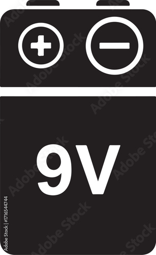 Illustration of a 9v battery, showcasing its rectangular shape and the positive and negative terminals, commonly used in various electronic devices
