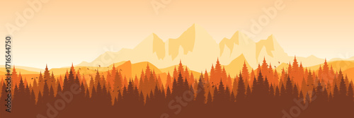 Atmospheric fall landscape illustration with layered mountains and an orange coniferous forest providing ample copy space for text