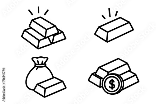 Gold bars simple line icon set. Finance, investment, and wealth concept symbols. Vector bullion, treasure bag, money, and dollar coin illustration. Editable stroke.