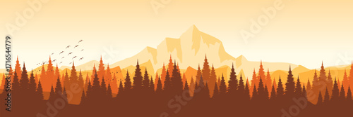 Panoramic vector background of an autumn mountain range with a dense pine forest silhouette ideal for a website header or banner