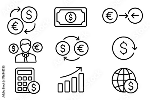 Finance and currency exchange outline icon set. Money transfer, global business, investment growth concept. Dollar and euro signs, calculator, profit chart vector symbols.