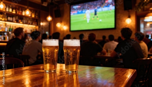 Two glasses of beer on a wooden table in a dimly lit bar with a group of diverse people watching a soccer match on a large screen.