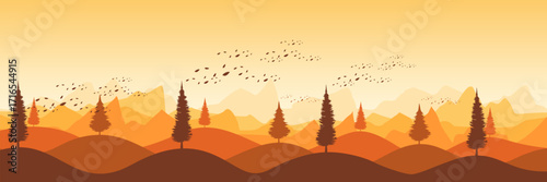 Minimalist fall season scenery with a secluded cabin in the woods rolling hills and a warm golden sky for a presentation background