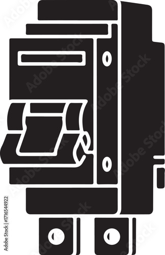 Vector art of a black and white illustration of an electrical circuit breaker, showcasing its design and functionality, ideal for illustrating electrical safety and maintenance concepts