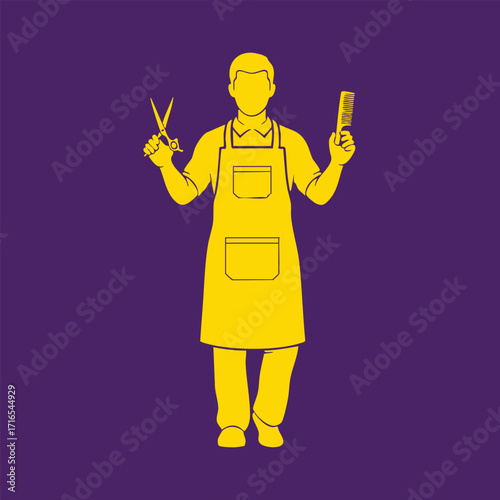 Yellow silhouette of a barber holding scissors and comb wearing an apron on a purple background