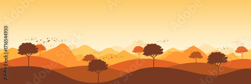 Wide screen vector illustration of a tranquil autumn pine forest scene with rolling hills and ample copy space for a seasonal greeting card