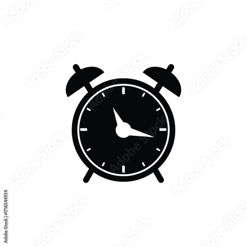 A simple, graphic illustration of a vintage-style alarm clock in solid black against a white background.