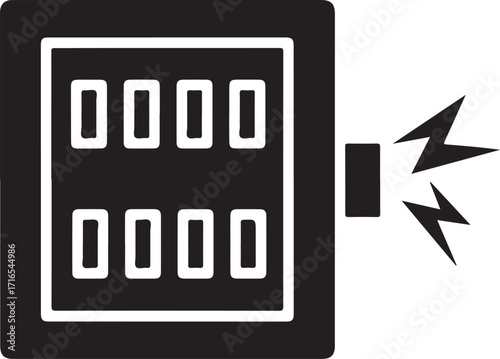 Vector art of a black and white illustration of a fuse box with electrical sparks, represents electrical problems, short circuits, and potential hazards