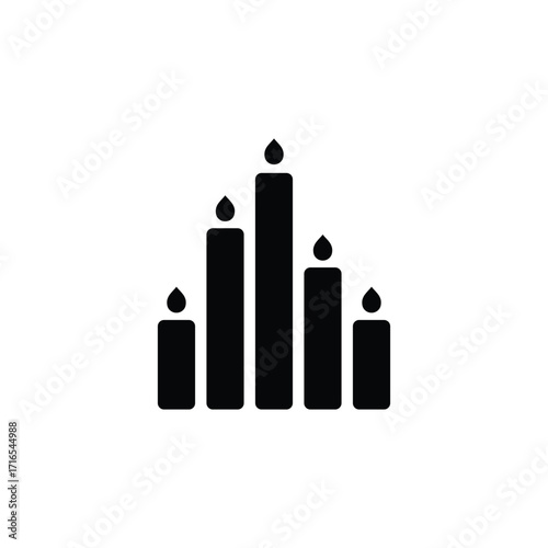 A minimalist black and white graphic depicting five upright candles of different heights, each with a small flame at the top.