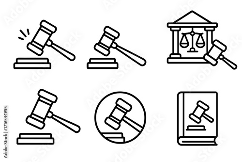 Law and justice line icon set with judicial gavel, courthouse, and law book. Vector symbols for legal concepts, court, auction, verdict, and judgment. Editable stroke.